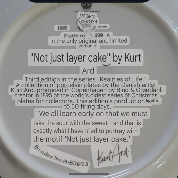 Bing & Grøndahl Kurt Ard Collector Plate "Not just a layer cake" numbered - Picture 4 of 4